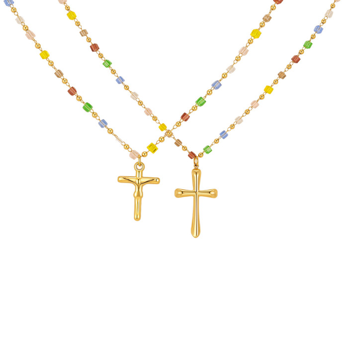 Wholesale Colorful Gemstone Bead Gold Cross Pendant Necklace