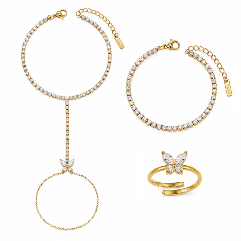 Wholesale Stainless Steel Crystal Butterfly Hand Chain Set
