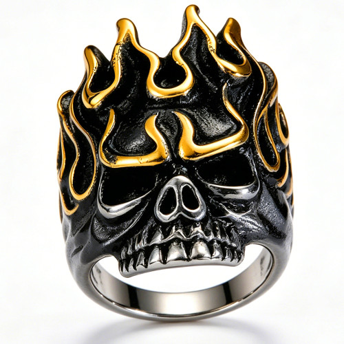 Wholesale Stainless Steel Two-Tone Flaming Skull Ring