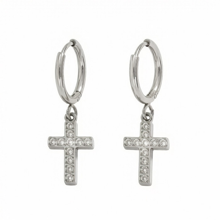 Wholesale Stainless Steel CZ Cross Charm Hoop Earrings