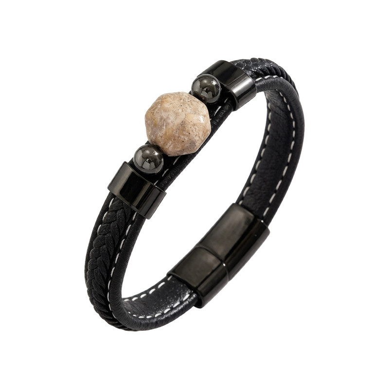 Wholesale Men's Black Braided Leather Natural Raw Stone Bracelet