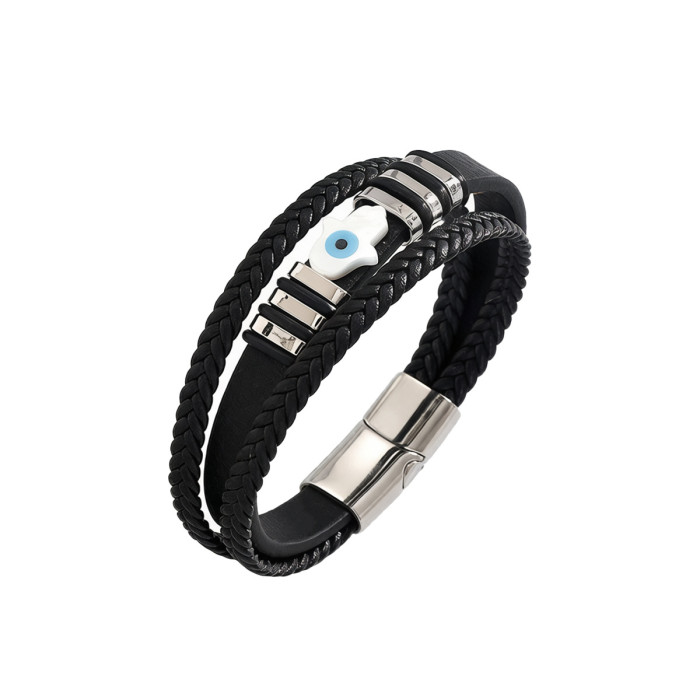 Wholesale Men's Black Braided Leather Hamsa Hand Evil Eye Bracelet