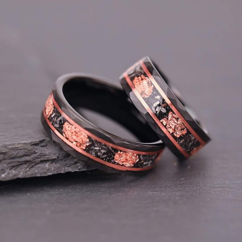 Wholesale 8mm Black Hammered Tungsten Carbide Rose Gold Foil Band Ring