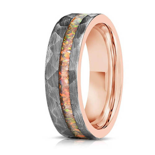 Wholesale 6mm Rose Gold Tungsten Carbide Hammered Opal Inlay Wedding Band