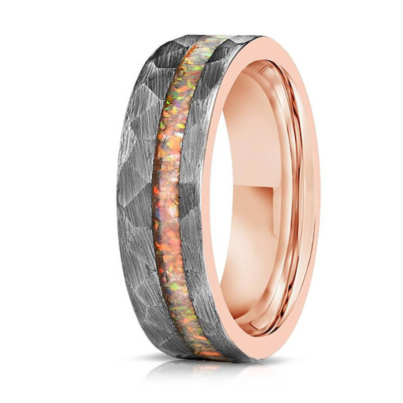 Wholesale 6mm Rose Gold Tungsten Carbide Hammered Opal Inlay Wedding Band