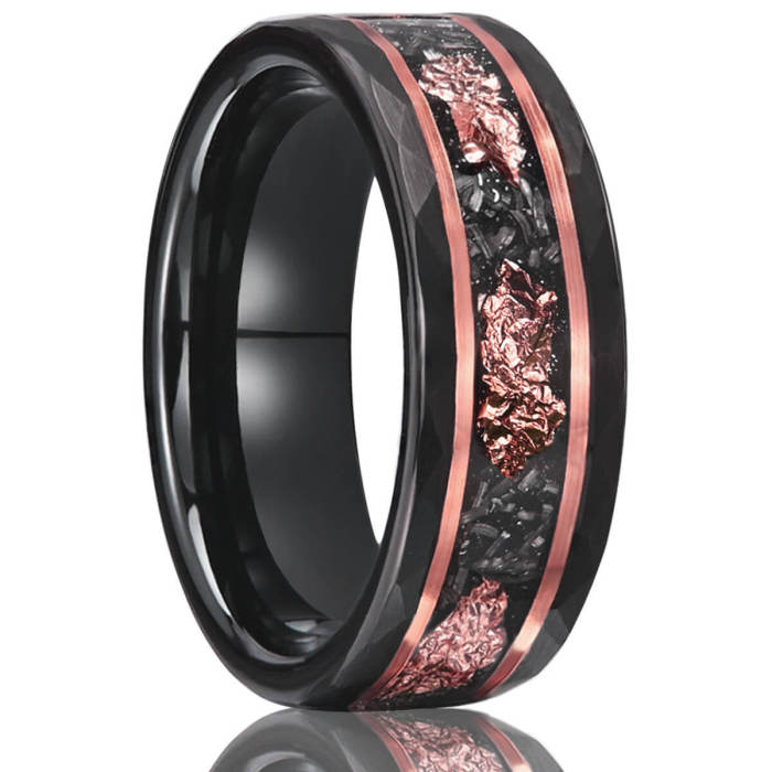 Wholesale 8mm Black Hammered Tungsten Carbide Rose Gold Foil Band Ring