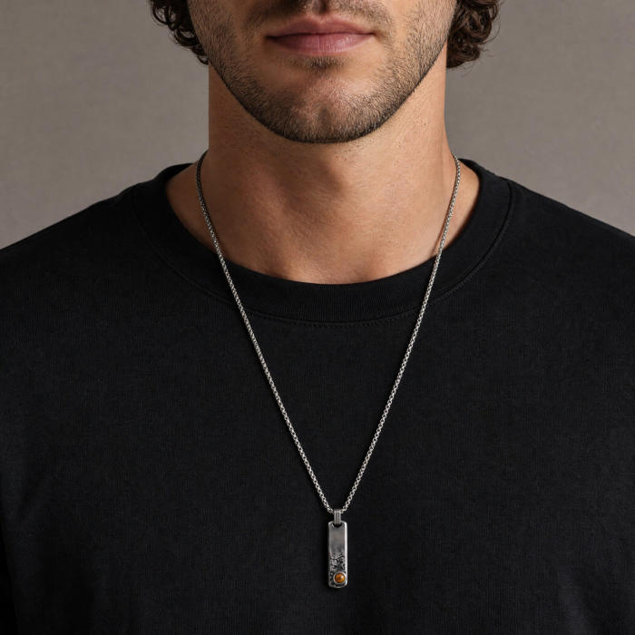 Wholesale Stainless Steel Tiger Eye Stone Tag Pendant Necklace