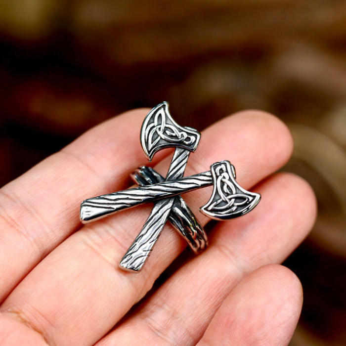 Wholesale Men's Stainless Steel Vintage Crossed Viking Axes Ring