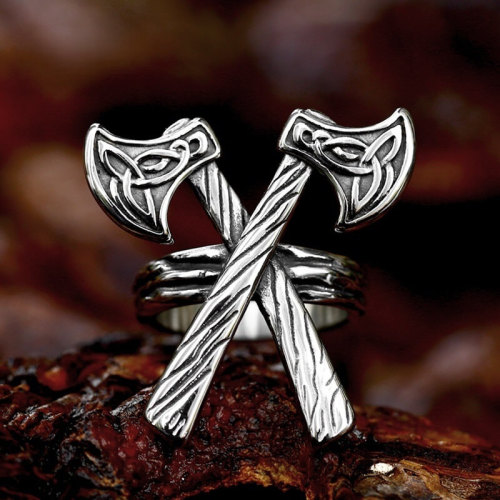 Wholesale Men's Stainless Steel Vintage Crossed Viking Axes Ring