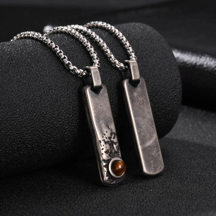 Wholesale Stainless Steel Tiger Eye Stone Tag Pendant Necklace