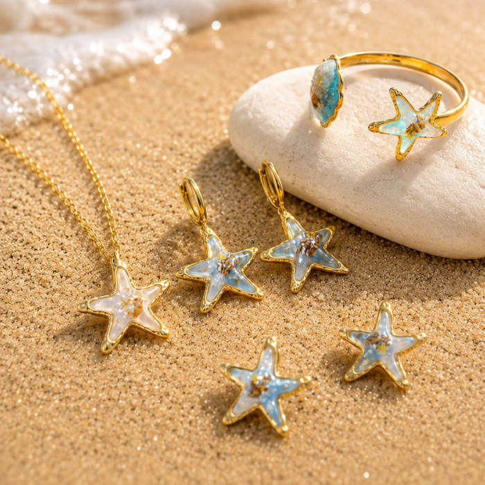 Wholesale Waterproof Stainless Steel Resin Sea Star Shell Jewelry Set