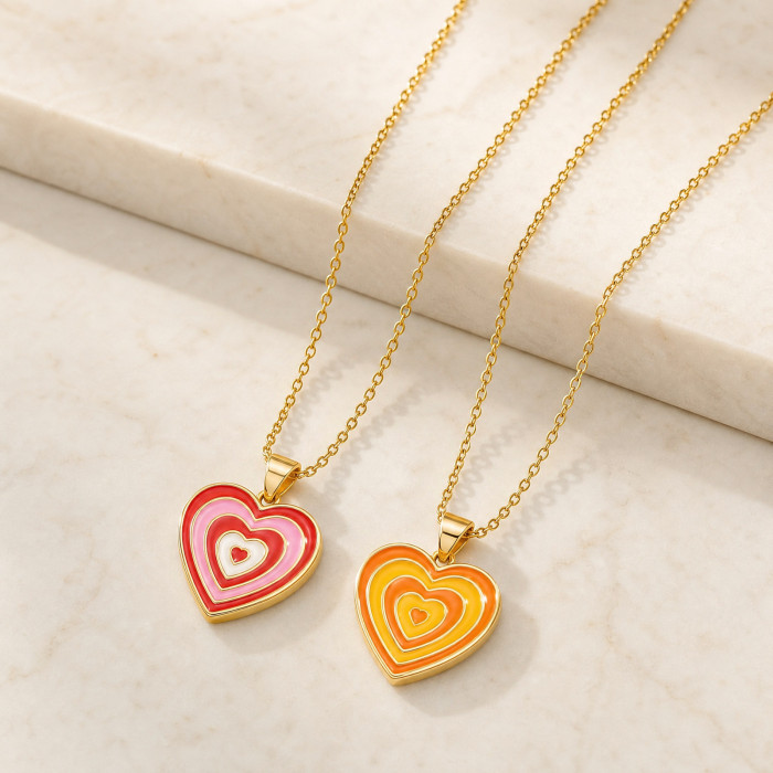 Wholesale Trendy Multi-Layer Concentric Gradient Enamel Heart Pendant Necklace