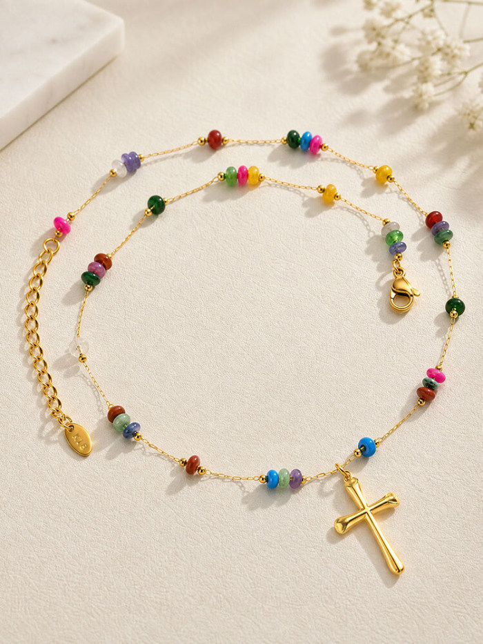 Wholesale Stainless Steel Multi Color Bead Crucifix Necklace