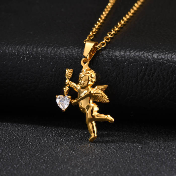 Wholesale Stainless Steel Cupid Angel Heart Crystal Pendant