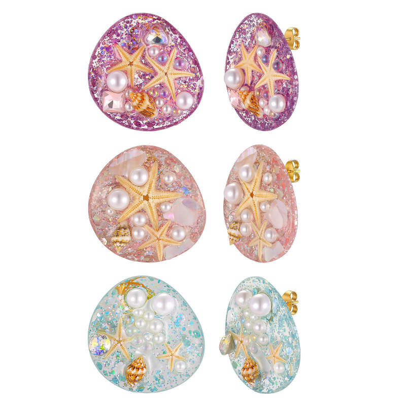 Wholesale Women's Beach Resin Starfish Shell Pearl Stud Earrings