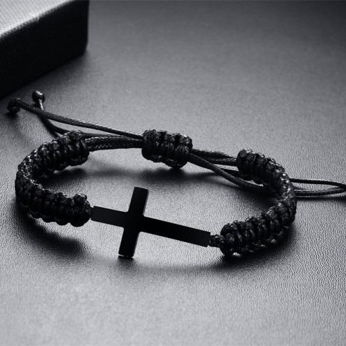 Wholesale Handmade Black Rope Stainless Steel Cross Bracelet