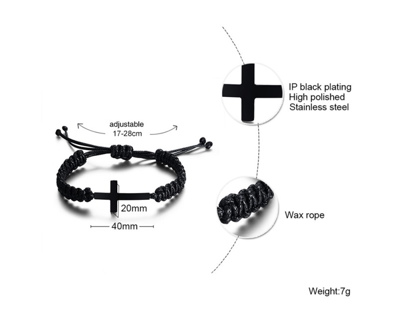 Wholesale Handmade Black Rope Stainless Steel Cross Bracelet