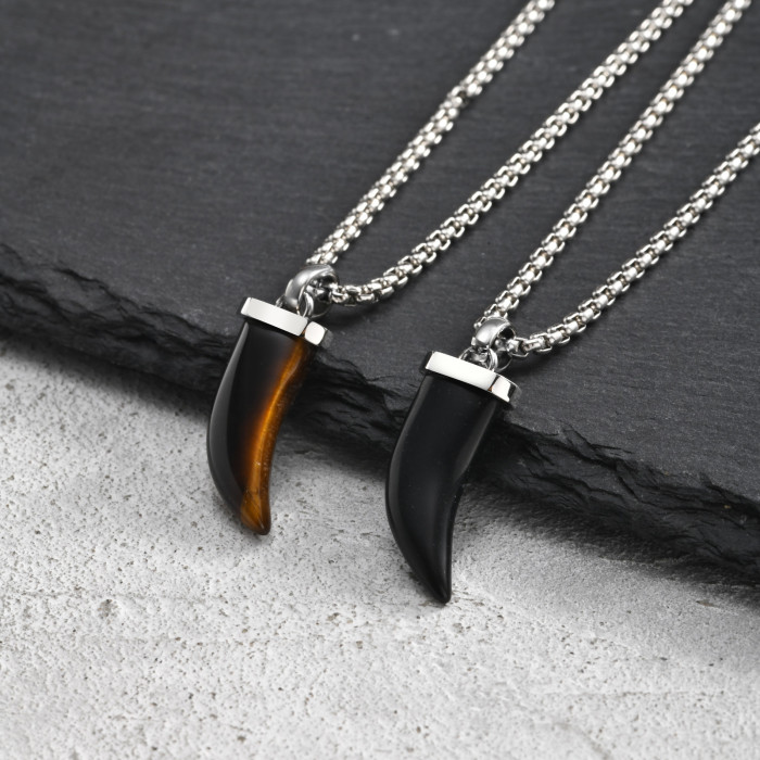 Wholesale Stainless Steel Natural Tiger Eye Black Onyx Tooth Pendant