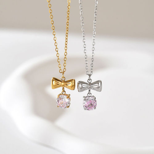 Wholesale Stainless Steel Bowknot CZ Pendant Necklace