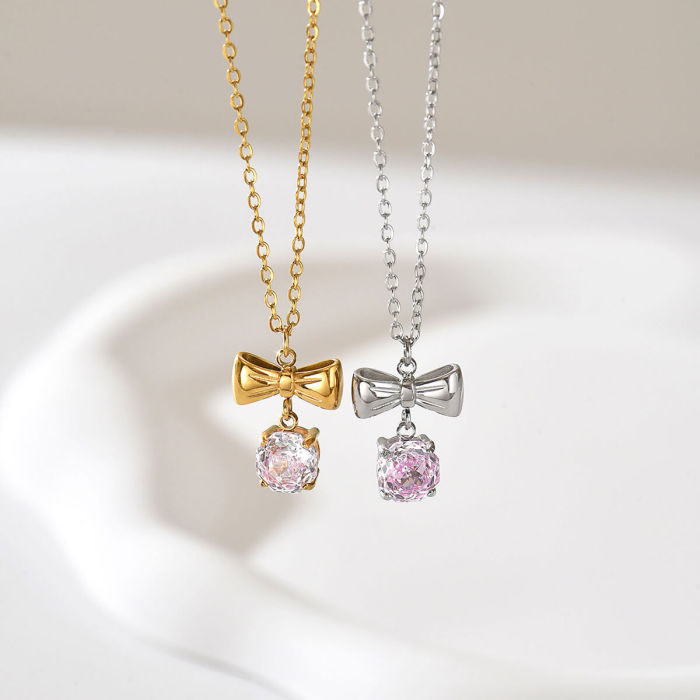 Wholesale Stainless Steel Bowknot CZ Pendant Necklace