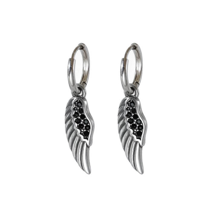 Wholesale Stainless Steel Black CZ Angel Wing Earrings