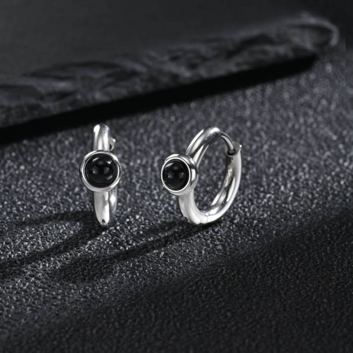 Wholesale Stainless Steel Black Gemstone Huggie Earrings
