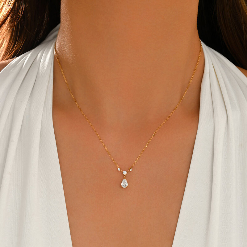 Wholesale Women's Stainless Steel 18K Gold Teardrop CZ Necklace
