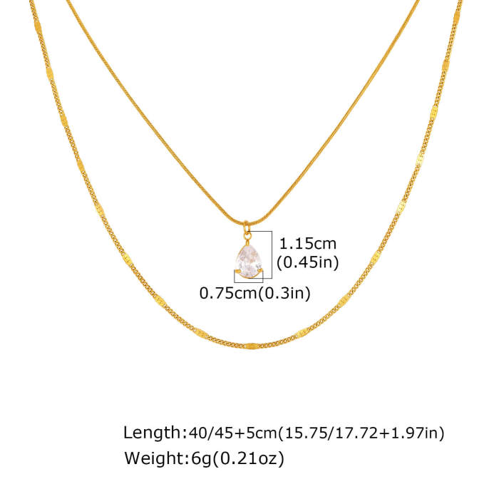Wholesale Stainless Steel Layered Teardrop Zircon Necklace