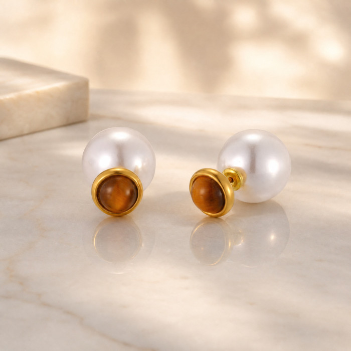 Wholesale Stainless Steel Tiger Eye Pearl Double Sided Stud Earrings