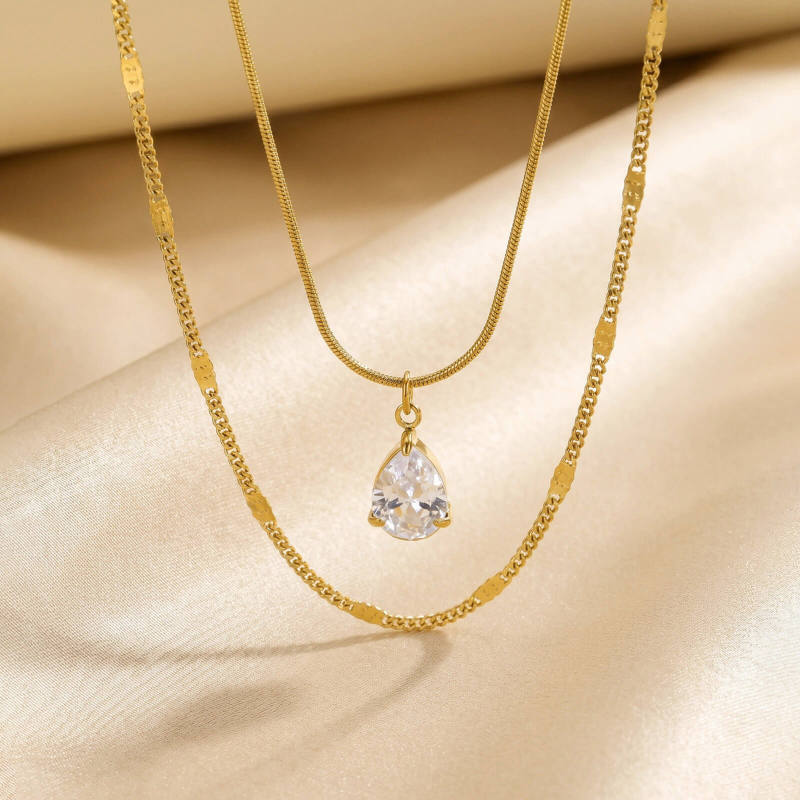 Wholesale Stainless Steel Layered Teardrop Zircon Necklace