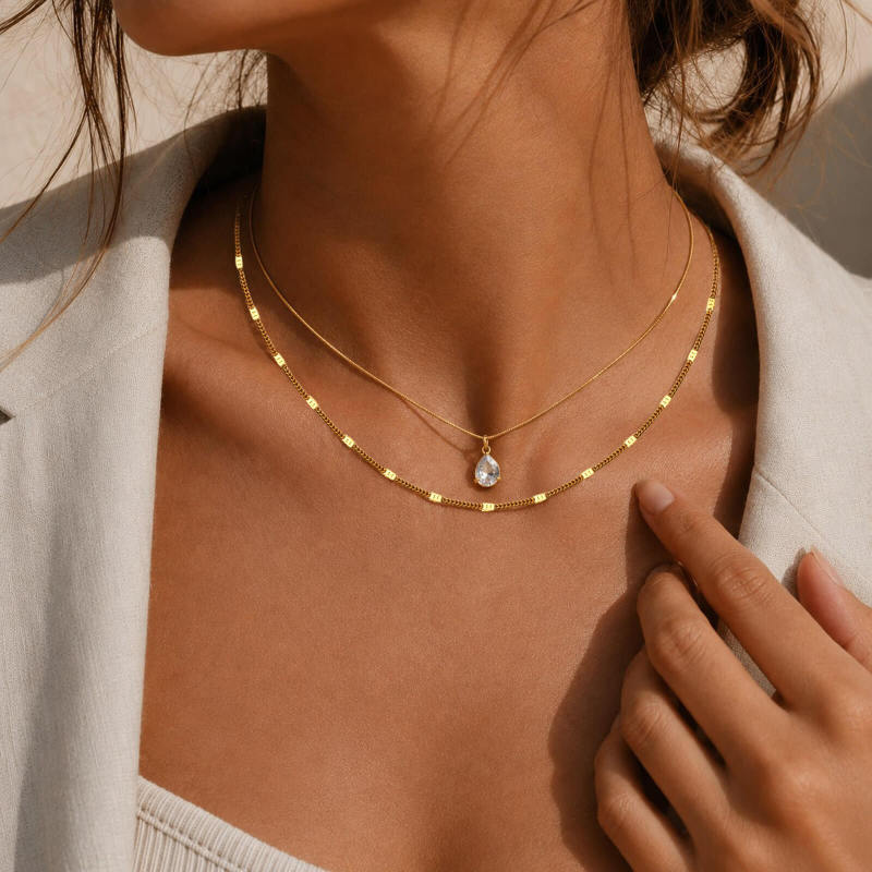 Wholesale Stainless Steel Layered Teardrop Zircon Necklace