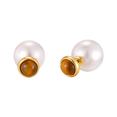 Wholesale Stainless Steel Tiger Eye Pearl Double Sided Stud Earrings