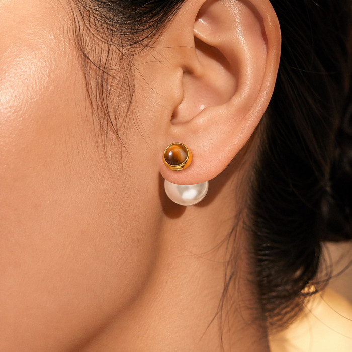Wholesale Stainless Steel Tiger Eye Pearl Double Sided Stud Earrings