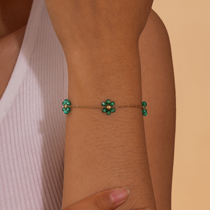 Wholesale Stainless Steel Green Crystal Daisy Flower Jewelry Set