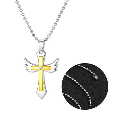 Wholesale Two-Tone Stainless Steel Angel Wing Cross Pendant with CZ