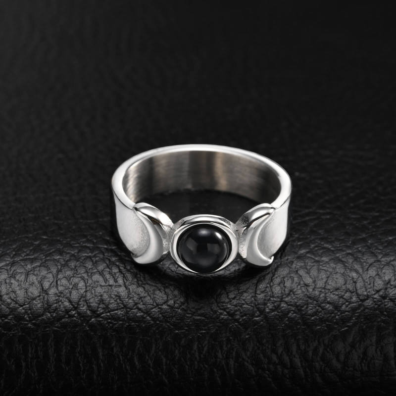 Wholesale Stainless Steel Crescent Moon Black Onyx Ring