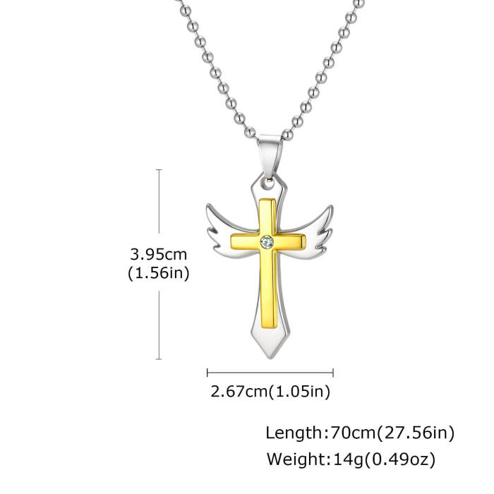 Wholesale Two-Tone Stainless Steel Angel Wing Cross Pendant with CZ