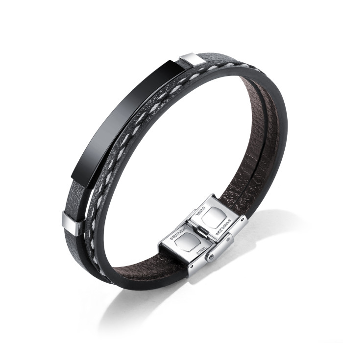 Wholesale Stainless Steel Mens Engraving ID Bracelet Braided Leather Bracelet