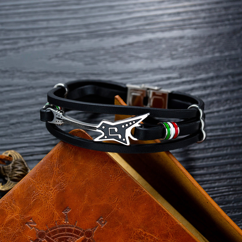 Wholesale Steel Mens Leather Bracelet with Guitar
