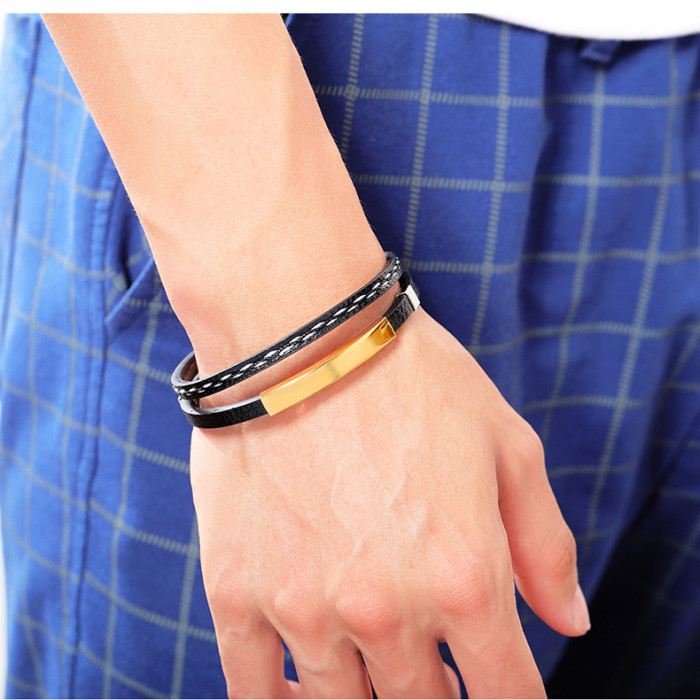 Wholesale Stainless Steel Mens Engraving ID Bracelet Braided Leather Bracelet