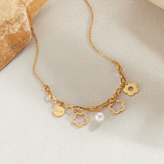 Wholesale Stainless Steel Flower Pearl Necklace Sett