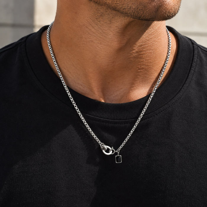 Wholesale Stainless Steel Round Link Black Gemstone Pendant Necklace