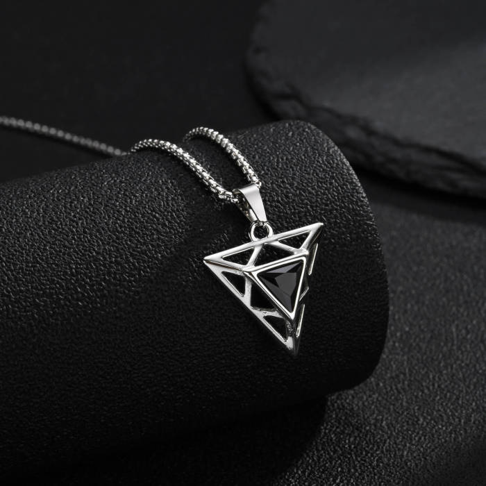 Wholesale Stainless Steel Geometric Triangle Black CZ Pendant Necklace