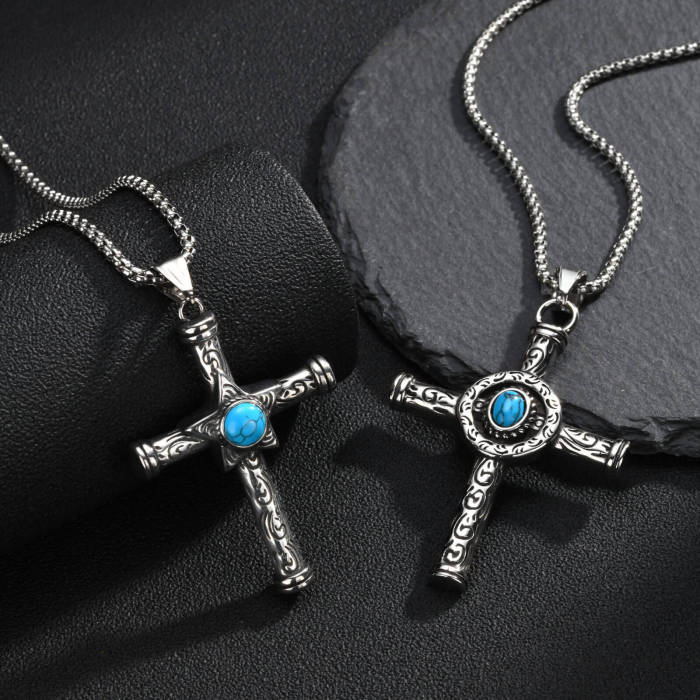 Wholesale Stainless Steel Antique Faux Turquoise Cross Pendant Necklace