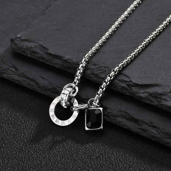 Wholesale Stainless Steel Round Link Black Gemstone Pendant Necklace