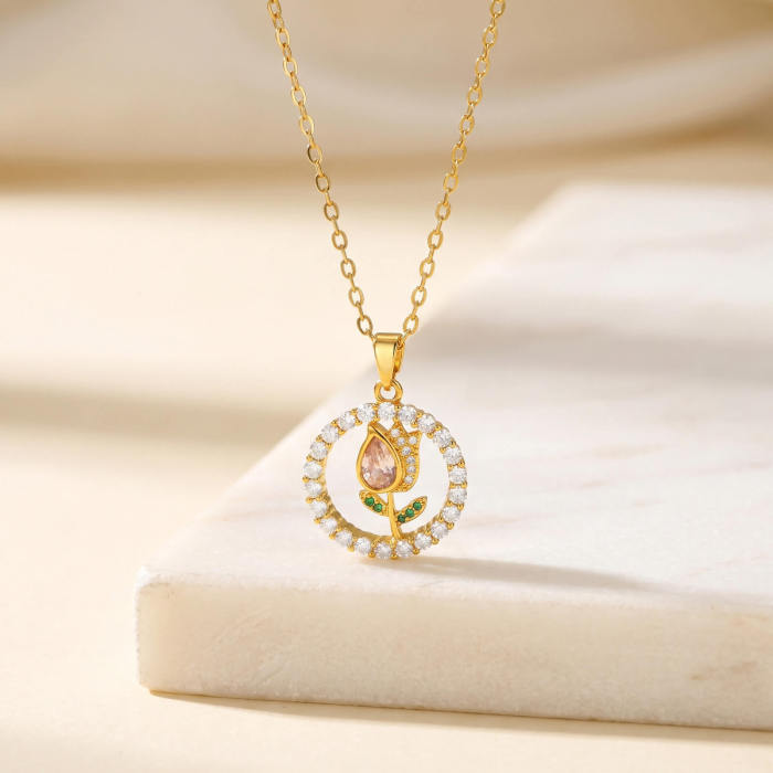 Wholesale Gold CZ Flower Pendant Necklace