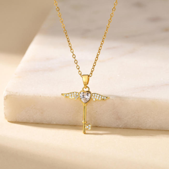 Wholesale Gold Angel Wing Key Pendant Necklace