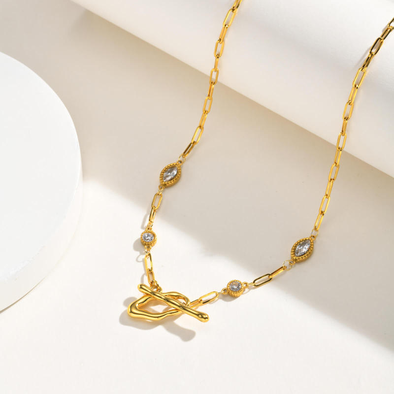 Wholesale Gold Stainless Steel CZ Toggle Chain Necklace
