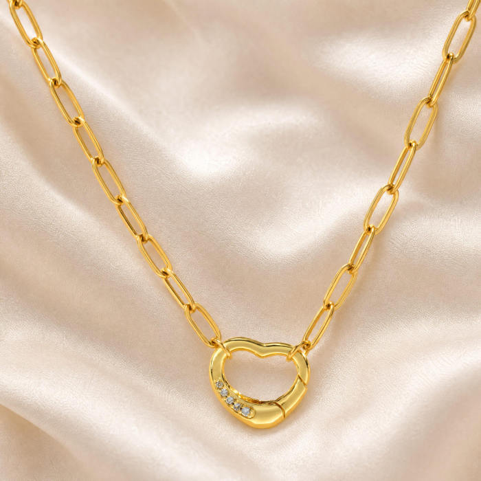 Wholesale Gold CZ Heart Lock Paperclip Chain Necklace