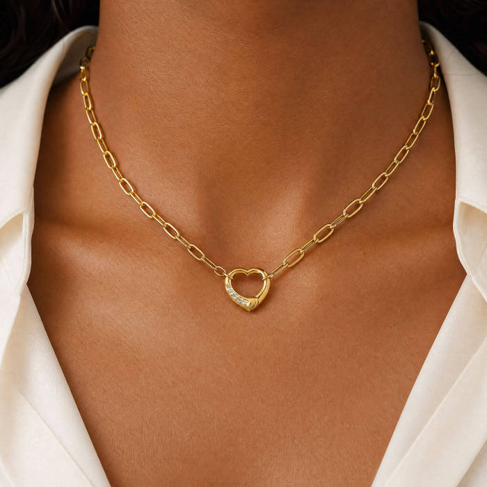 Wholesale Gold CZ Heart Lock Paperclip Chain Necklace